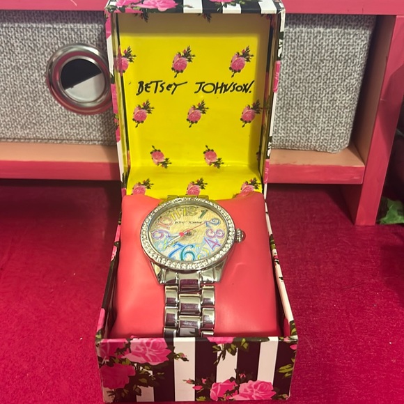 Betsy Johnson silver watch with rainbow numbers and rhinestones - Picture 1 of 4